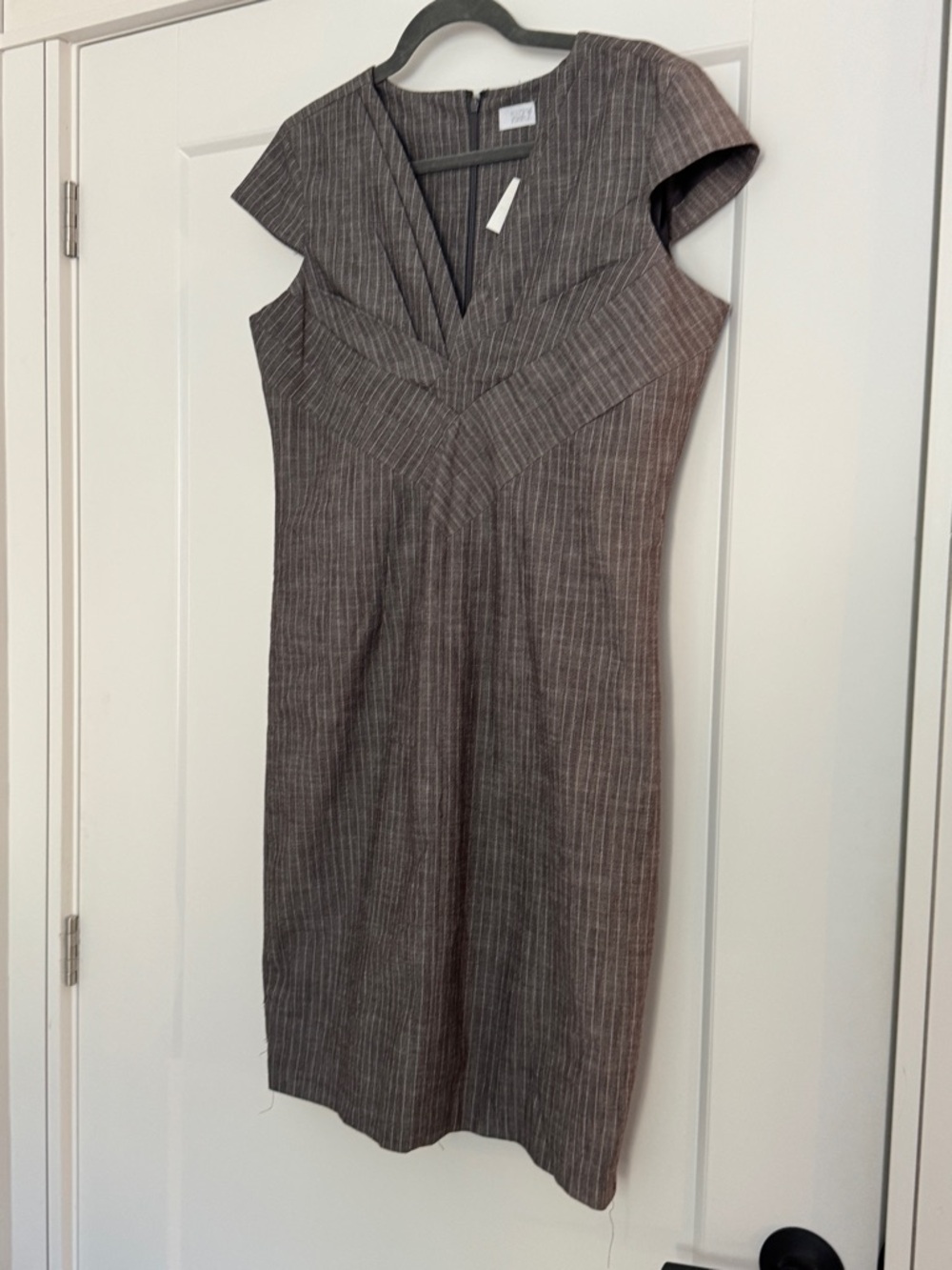 Suzy Shier Gray Pinstripe Midi Sheath Dress
